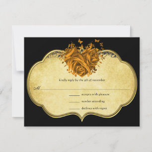 Cartão RSVP Coração Metálico Dourado Borboleta Pergaminho Fals