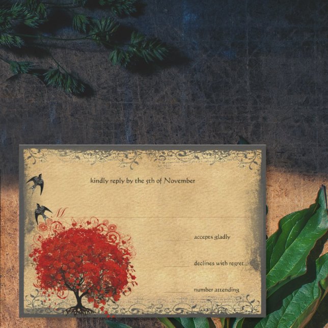 Cartão RSVP Coração Pássaros da Árvore Vermelha com Folha Verm (Criador carregado)