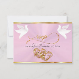 Cartão RSVP Coração, Pombas & Fita - Rosa Pastel/Dourado