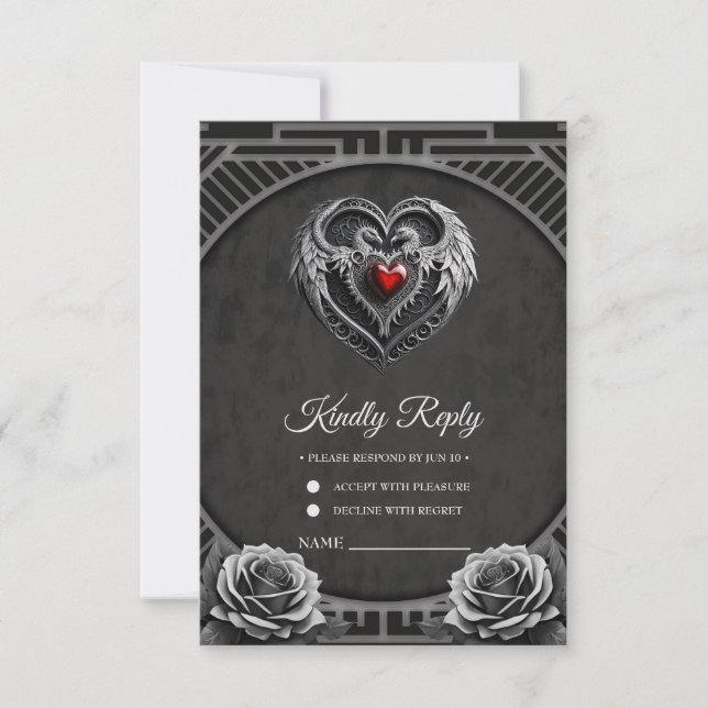 Cartão RSVP Coração prateado com asas. (Frente)