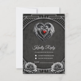 Cartão RSVP Coração prateado com asas.