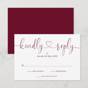 Cartão RSVP Coração Simples em Escrita Burgundy Branco Respond