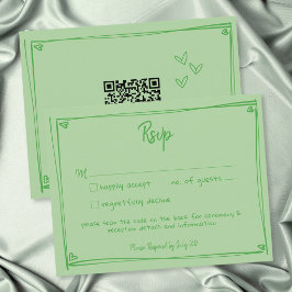 Cartão RSVP Coração Verde Desenhado à Mão Casamento Moderno QR