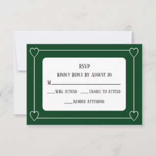 Cartão RSVP Corações Românticos Casamento Simples Verde Escuro