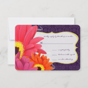Cartão RSVP Coral Fuchsia EggPlant Gerber Daisy Wedding