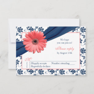 Cartão RSVP Coral Gerber Daisy Azul-Marinho Damask Floral Resp