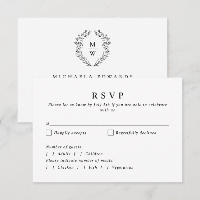 Cartão RSVP Coroa Botânica Simples e Elegante com Monograma de (Frente/Verso)