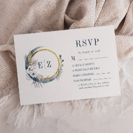 Cartão RSVP Coroa de Monograma Floral Azul Boho Lua Casamento