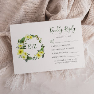 Cartão RSVP Coroa Floral Amarela de Aquarela com Monograma Cas