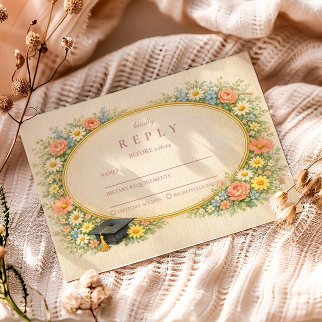 Cartão RSVP Coroa Floral Pastel Celebração de Formatura (Criador carregado)