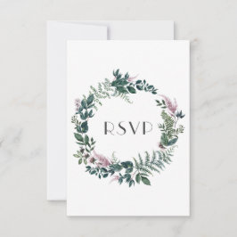 Cartão RSVP Coroa Floral Rústica em Burgundy e Verde Floresta 