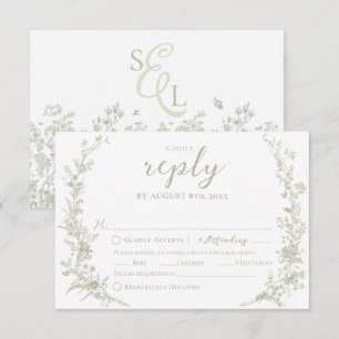 Cartão RSVP Coroa Floral Vintage Elegante Casamento Verde Sage