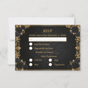 Cartão RSVP Coroa Real Ouro Preto Casamento Elegante