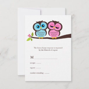 Cartão RSVP Corujas azuis e cor-de-rosa que Wedding
