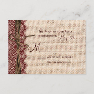 Cartão RSVP Country Burlap Maroon Red Lace Twine Casamento RSV