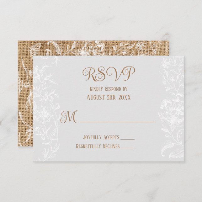 Cartão RSVP Country Rustic Burlap e Lace Weds (Frente/Verso)