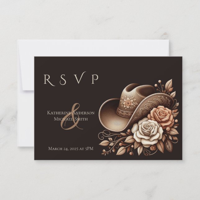 Cartão RSVP Country Western Cowgirl Hat com Flores (Frente)