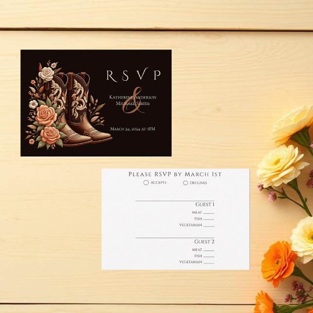Cartão RSVP Country Western Flowers com Boots de Cowboy (Modern Elegant Country Western-Flowers with cowboy boots-wedding RSVP Card-meal choices)