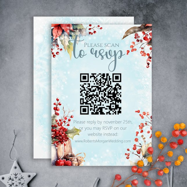 Cartão RSVP Cozy Winter Rowan berry buquê QR code Wedding (Criador carregado)