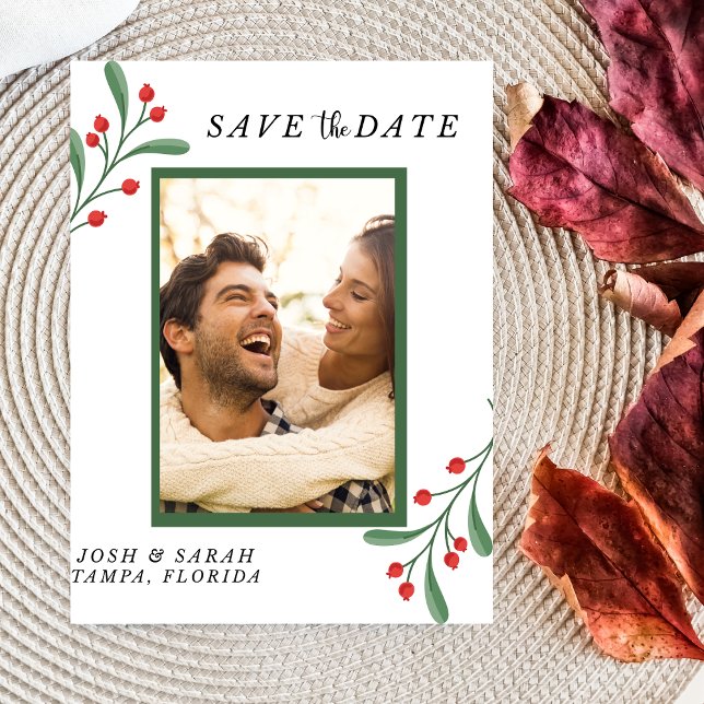 Cartão RSVP Cranberry Photo Holiday Save the Date Invitation  (Save the Date Christmas, Holiday Wedding Invitation)