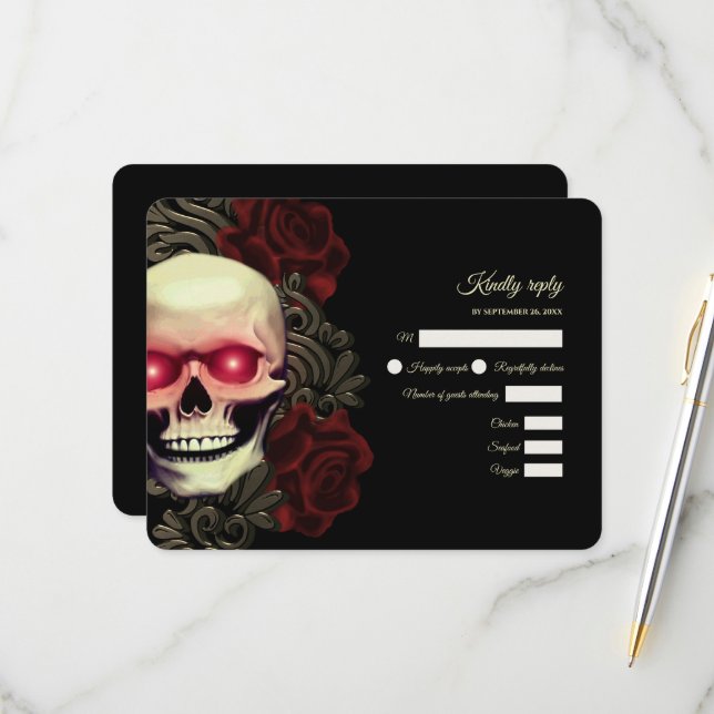 Cartão RSVP Crânio esbranquiçado, vermelho-esbranquiçado, góti (Frente/Verso In Situ)