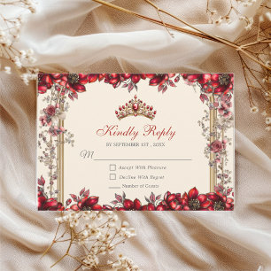 Cartão RSVP Cream e Vermelho Tiara Floral Dourada Quinceañera
