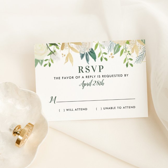 Cartão RSVP Cream Floral Dourado Greenery Wedding (Criador carregado)