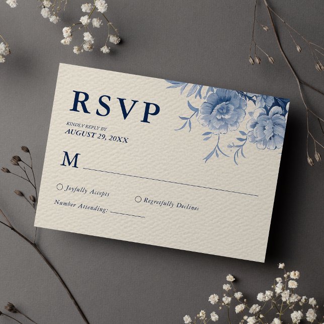 Cartão RSVP Creme Clássico Elegante e Casamento Floral Azul Fr (Criador carregado)