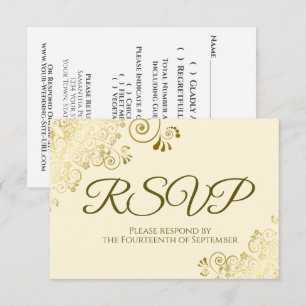 Cartão RSVP Creme de Marfim com Renda Dourada Elegante Vestido