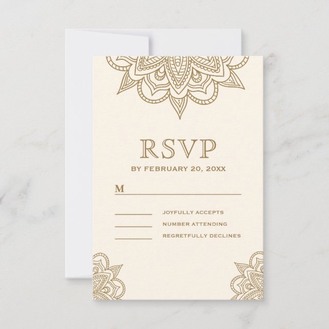 Cartão RSVP Creme e Dourado Henna Mehndi Wedding (Frente)