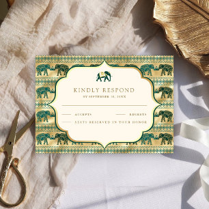 Cartão RSVP Creme Verde Esmeralda Ouro Elefante Casamento Indi
