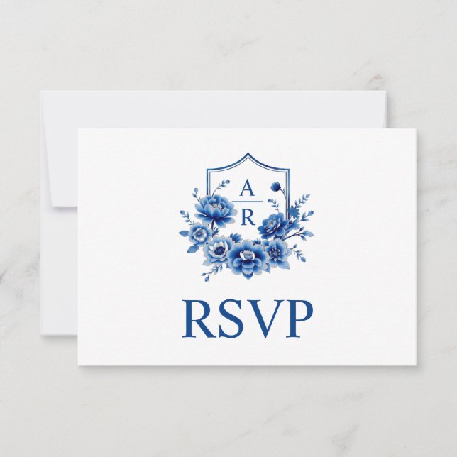 Cartão RSVP Crescente floral azul da Chinoiserie e casamento c (Frente)