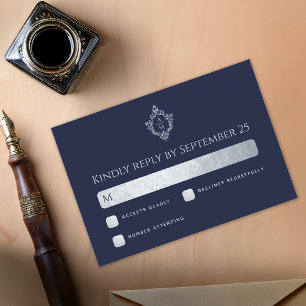 Cartão RSVP Crest Casamento Monograma Azul Naval com Suposto R