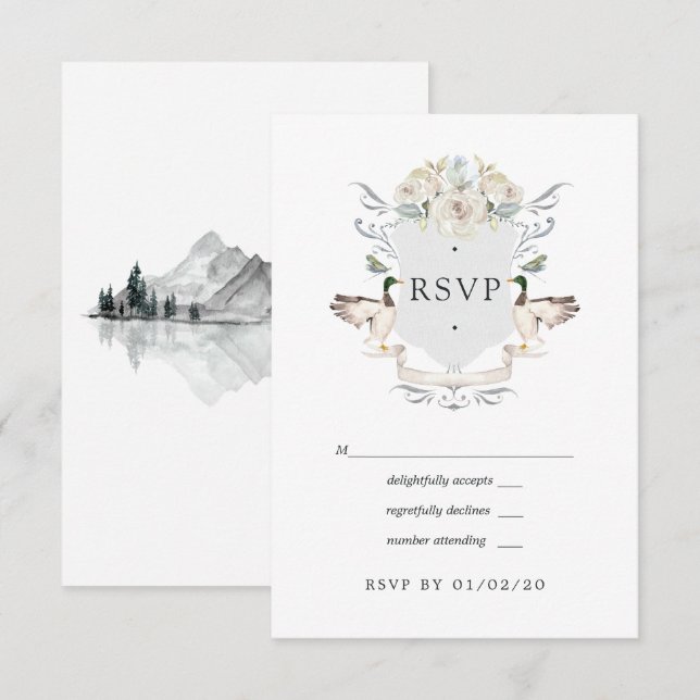 Cartão RSVP Crest de Pato-real Casamento Elegante no Lago (Frente/Verso)