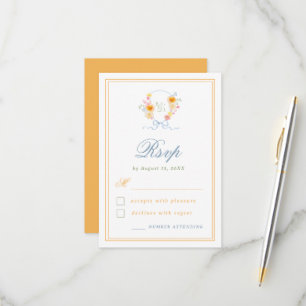 Cartão RSVP Crest Floral com Laço Monograma Casamento de Prima