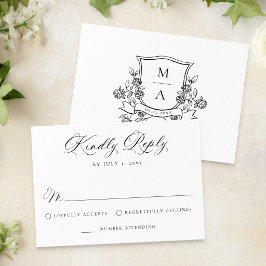 Cartão RSVP Crest Floral Elegante Monograma Casamento