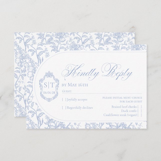 Cartão RSVP Crest Monogram Blue and White Floral Script (Frente/Verso)