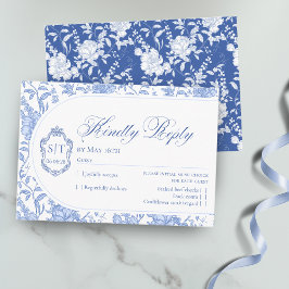 Cartão RSVP Crest Monogram Delft Blue Floral Script