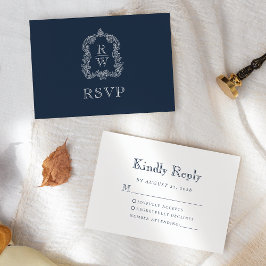 Cartão RSVP Crest Monograma Casamento Azul Marinho