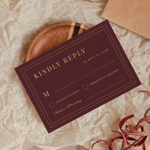 Cartão RSVP Crest Monograma Casamento Borgonha Dourado Vintage