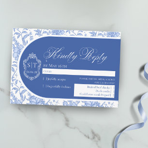 Cartão RSVP Crest Monograma Delft Azul Floral Script
