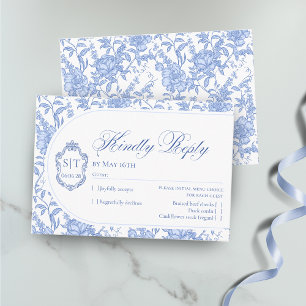 Cartão RSVP Crest Monograma Delft Azul Floral Script