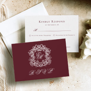 Cartão RSVP Crest Monograma Elegante Casamento Burgundy