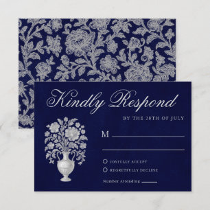 Cartão RSVP Crest Monograma Elegante Casamento Heritage Azul M