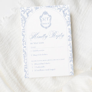 Cartão RSVP Crest Monograma Floral Azul Delft Macio Script