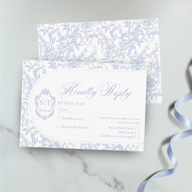 Cartão RSVP Crest Monograma Floral Azul e Branco Script (Criador carregado)