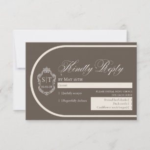 Cartão RSVP Crest Monograma Mocha e Creme Casamento