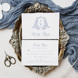 Cartão RSVP Crestão de Monograma Tradicional Azul Casamento El