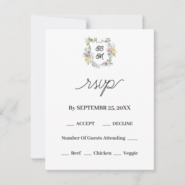 Cartão RSVP Crista de Monograma Floral Formal de Casamento (Frente)
