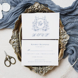 Cartão RSVP Crista Floral Azul Monograma Casamento Elegante